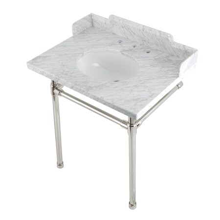 Kingston Brass 30 Carrara Marble Console Sink with Stainless Steel Legs, Marble WhitePolished Nickel LMS30M86ST